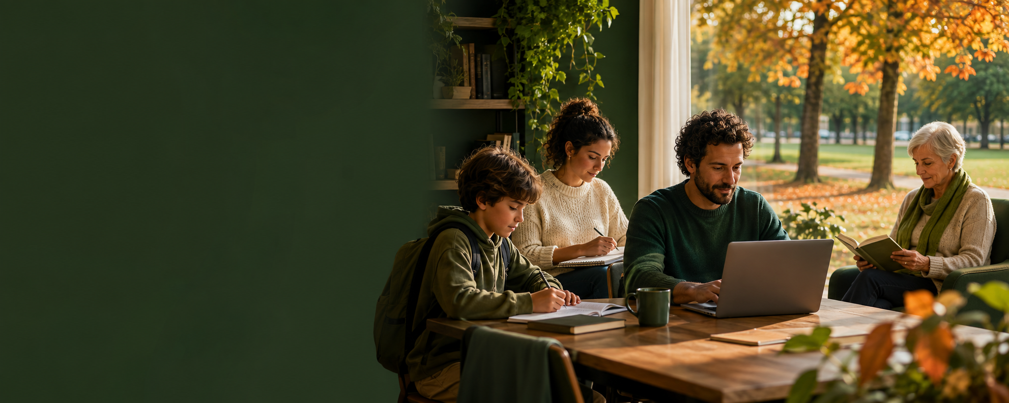 Crianças, jovens, adultos e seniores em rotinas de estudo, trabalho e leitura no início do outono